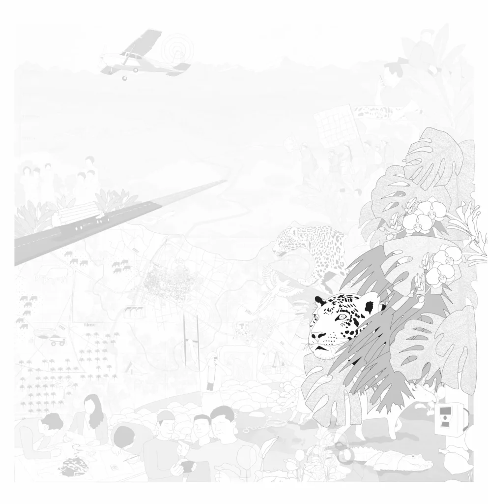 Illustration with the face of a jaguar surrounded by leaves of different rainforest plants.