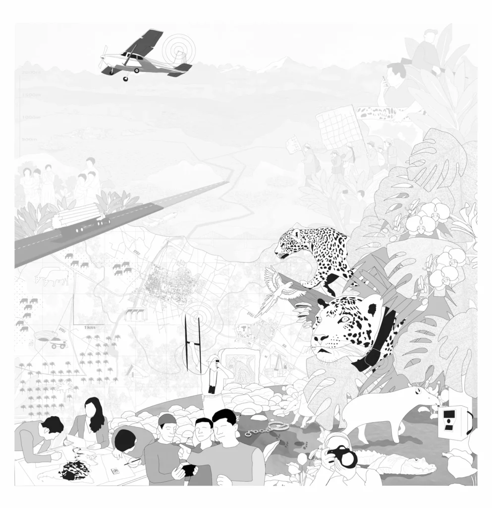 Illustration with the face of a jaguar, with rainforest plants and animals, a trap camera and several researchers and planners with cameras, maps and measuring instruments.