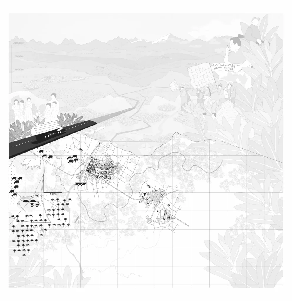 Illustration over a grid with palm and cattle icons and a highway with a truck carrying logs.