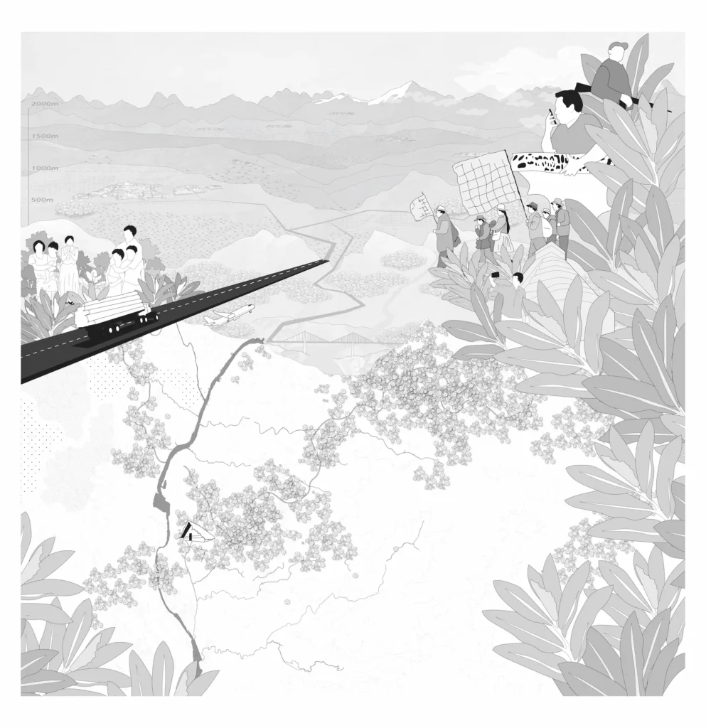 Illustration with a highway with a truck carrying logs on the left and the silhouettes of a family and an indigenous mobilization, poacher, tourist and trafficker on the right.