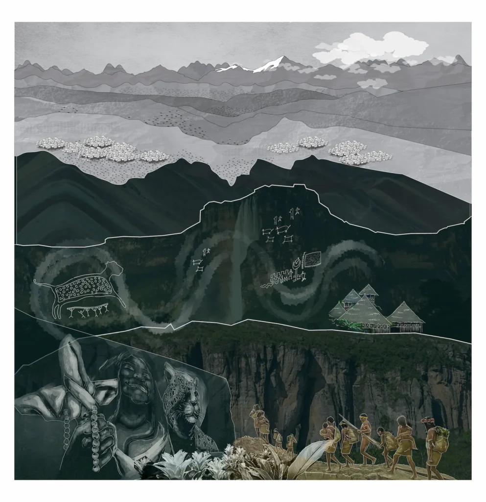 Illustration with mountain landscape and different altitude range on the top and a collage of images on the bottom with cave paintings and native indigenous figures.
