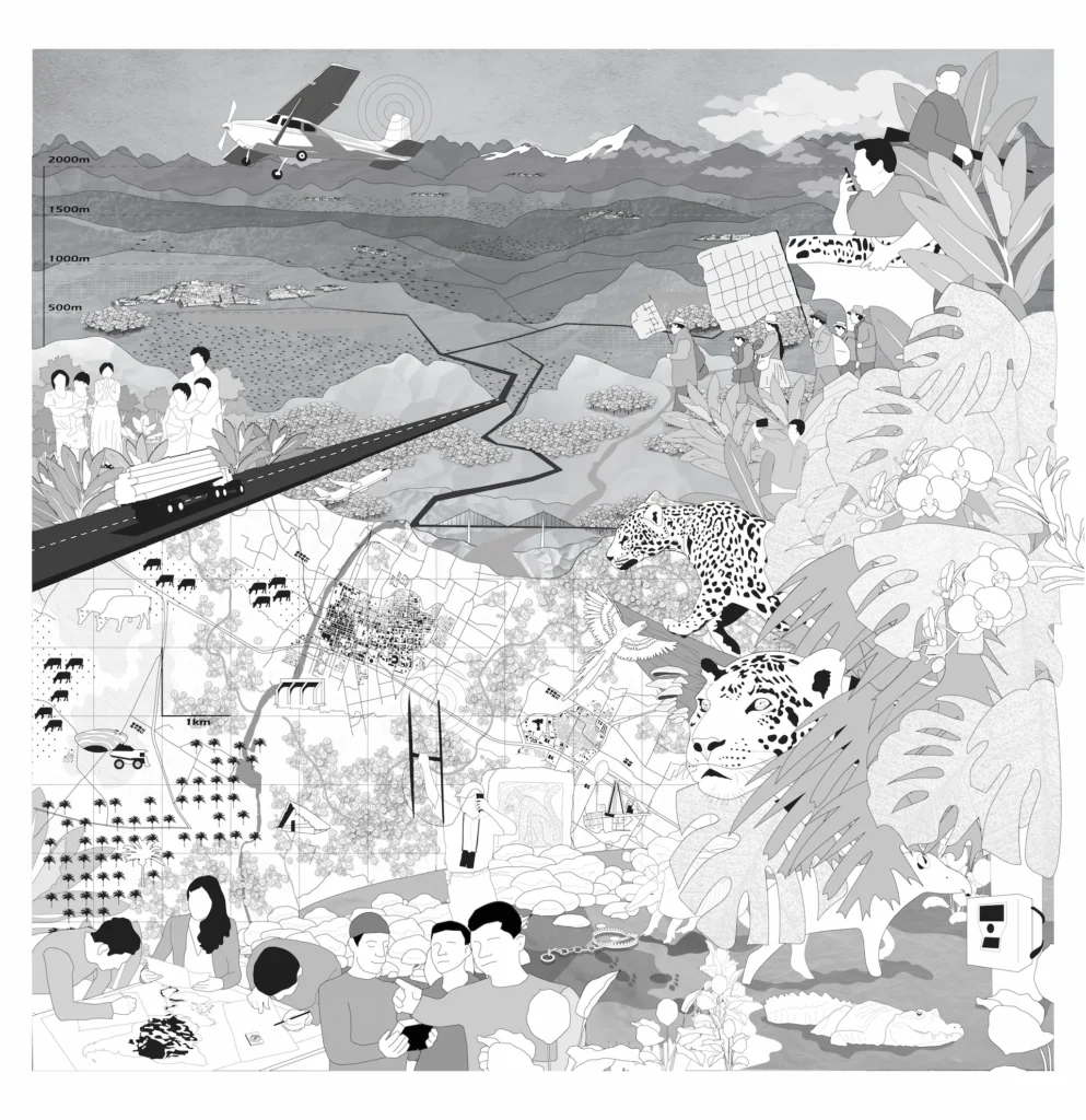 Illustration with jaguar, rainforest animals and plants, human figures that represent different actors involved in the jaguar process: planners, researchers, poachers, traffickers, indigenous communities, peasants, tourists. Collage background with mountain landscape, map-like grid, a highway with a truck carrying logs.